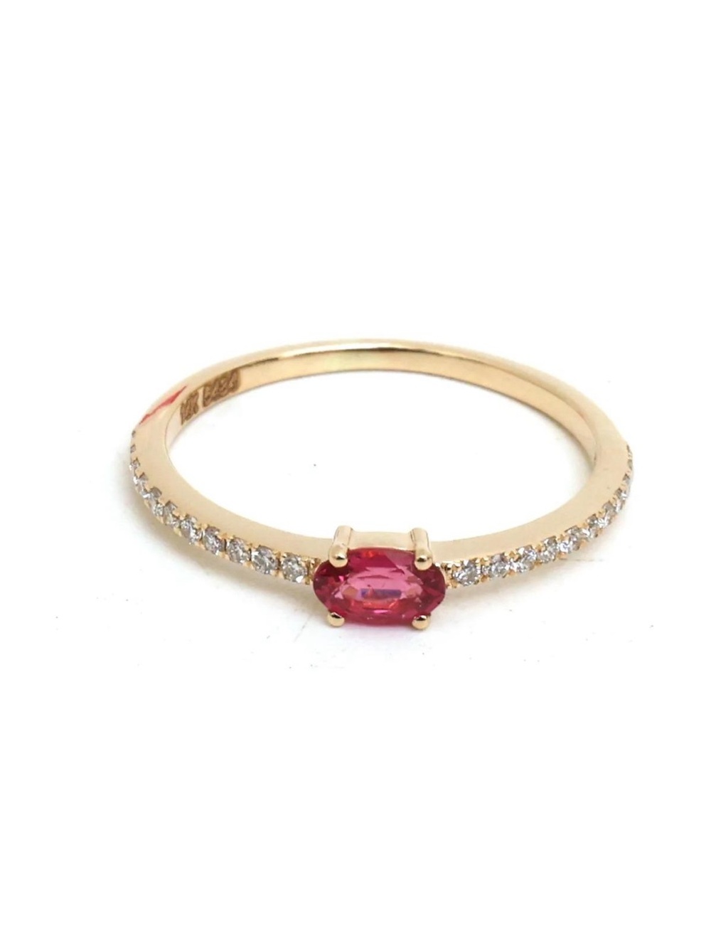 14K Real Solid Yellow Gold Rubellite & Diamond Ring Size 6.5